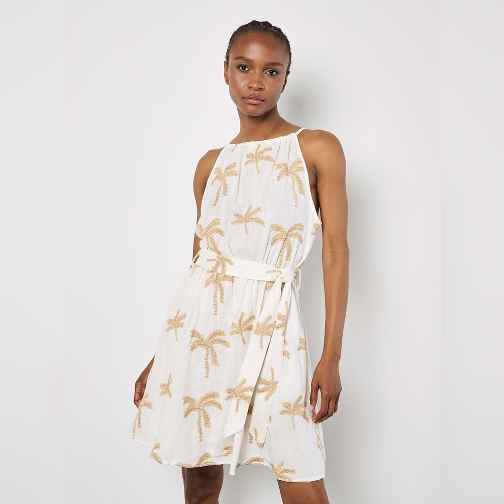 Embroidered Palm Trees High Neck Dress